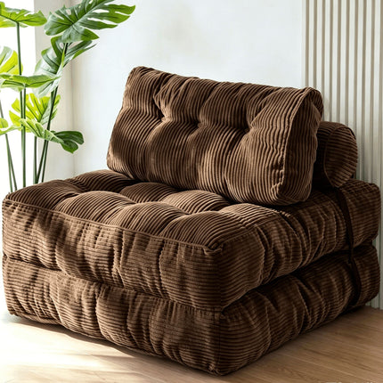 Convertible Folding Sofa Bed with Pumpkin Design, Corduroy Fabric, 3D Tufted Backrest, and Cylindrical Pillow for Living Room, Guest Room, and Small Apartments (Pink)