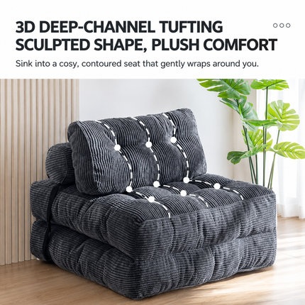 Convertible Folding Sofa Bed with Pumpkin Design, Corduroy Fabric, 3D Tufted Backrest, and Cylindrical Pillow for Living Room, Guest Room, and Small Apartments (RoyalBlue)