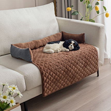 Plush Bolster Pet Bed Mat with Anti-Slip Base and Extended Drop Edge for Sofa and Floor Lounging (Coffee, 90*135cm)