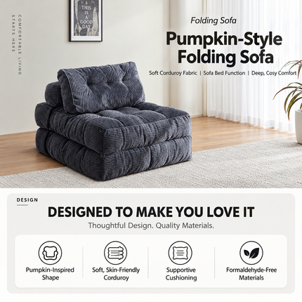 Convertible Folding Sofa Bed Pumpkin Design Corduroy Fabric Two-in-One Lounger for Living Room Bedroom Small Apartments Guest Room Daily Relaxation and Overnight Sleeping (Grey)