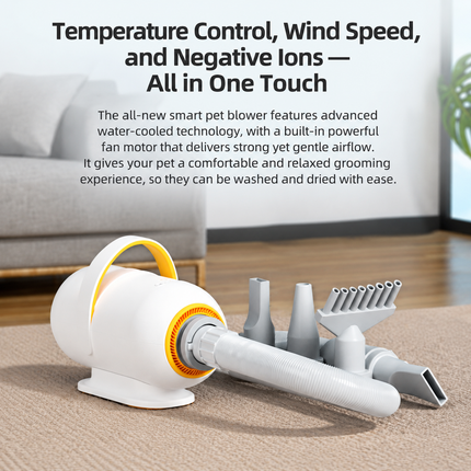 Smart Pet Grooming Dryer with Adjustable Speed Temperature and Replaceable Nozzles for Quick Drying and Loose Hair Removal After Bathing for Cats and Dogs at Home (Upgraded Blow & Suction Pet Dryer)