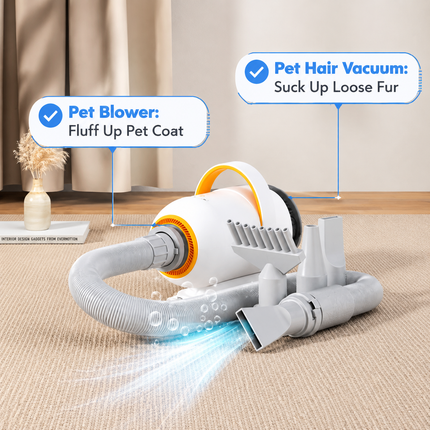 Smart Pet Grooming Dryer with Adjustable Speed Temperature and Replaceable Nozzles for Quick Drying and Loose Hair Removal After Bathing for Cats and Dogs at Home (Upgraded Blow & Suction Pet Dryer)