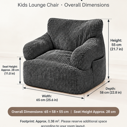 Kids Single Sofa Chair with Corduroy Fabric and Storage Pocket, Cozy Bean Bag Lounger for Children Bedroom and Home Reading Nook (DarkGrey)