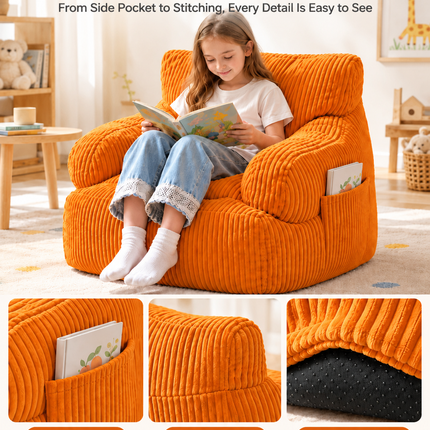Kids Single Sofa Chair with Corduroy Fabric and Storage Pocket, Cozy Bean Bag Lounger for Children Bedroom and Home Reading Nook (DarkGrey)