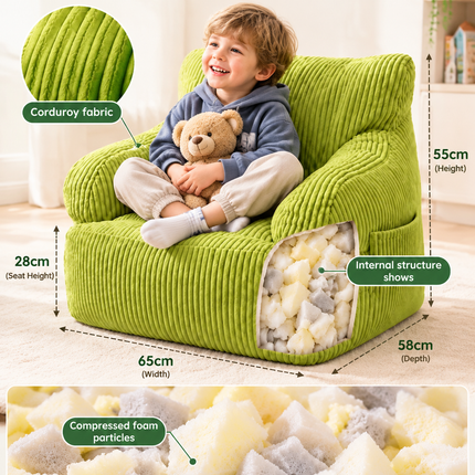 Kids Single Sofa Chair with Corduroy Fabric and Storage Pocket, Cozy Bean Bag Lounger for Children Bedroom and Home Reading Nook (DarkGrey)