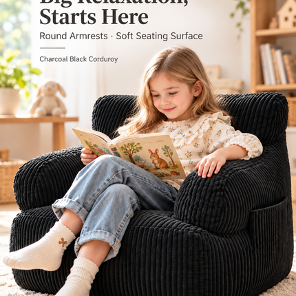 Kids Single Sofa Chair with Corduroy Fabric and Storage Pocket, Cozy Bean Bag Lounger for Children Bedroom and Home Reading Nook (DarkGrey)
