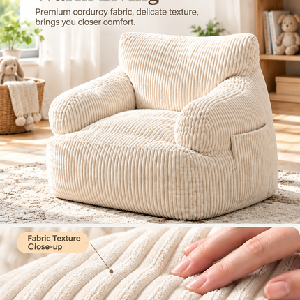 Kids Single Sofa Chair with Corduroy Fabric and Storage Pocket, Cozy Bean Bag Lounger for Children Bedroom and Home Reading Nook (DarkGrey)