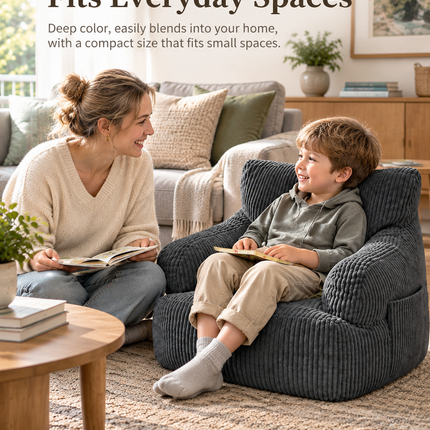 Kids Single Sofa Chair with Corduroy Fabric and Storage Pocket, Cozy Bean Bag Lounger for Children Bedroom and Home Reading Nook (DarkGrey)