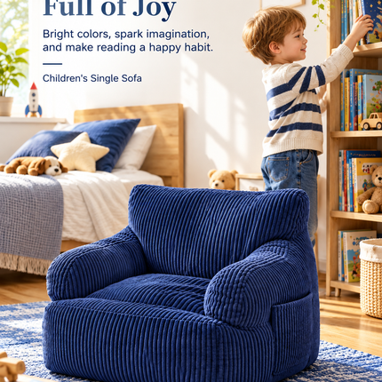 Kids Single Sofa Chair with Corduroy Fabric and Storage Pocket, Cozy Bean Bag Lounger for Children Bedroom and Home Reading Nook (DarkGrey)
