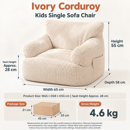 Kids Single Sofa Chair with Corduroy Fabric and Storage Pocket, Cozy Bean Bag Lounger for Children Bedroom and Home Reading Nook (DarkGrey)