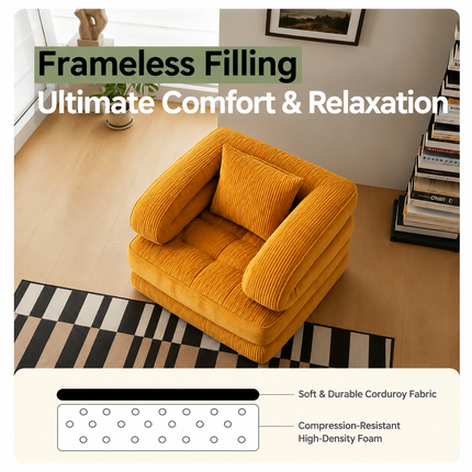 Foldable Multi-Functional Lounger Sofa with Corduroy Cover and High-Density Foam for Living Room Relaxation, Napping, and Lounging (Orange)