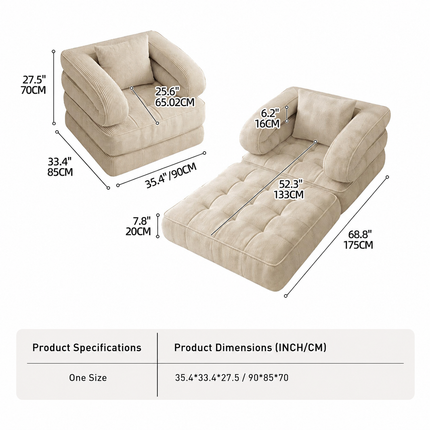 Foldable Multi-Functional Lounger Sofa with Corduroy Cover and High-Density Foam for Living Room Relaxation, Napping, and Lounging (Orange)