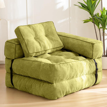 Foldable Corduroy Sofa Bed with Tufted Buttons and Side Buckle Straps, Convertible Lounger for Reading, Gaming, Napping and Relaxing in Living Rooms (Green)