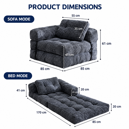 Foldable Corduroy Sofa Bed with Tufted Buttons and Side Buckle Straps, Convertible Lounger for Reading, Gaming, Napping and Relaxing in Living Rooms (Green)