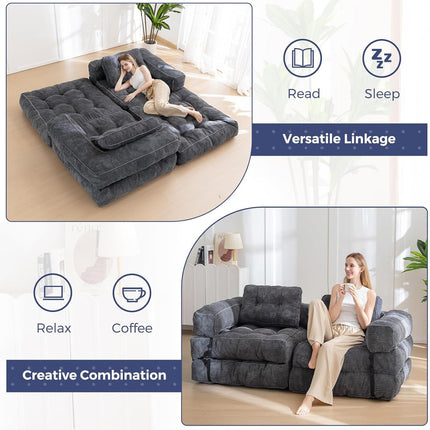 Foldable Corduroy Sofa Bed with Tufted Buttons and Side Buckle Straps, Convertible Lounger for Reading, Gaming, Napping and Relaxing in Living Rooms (Green)