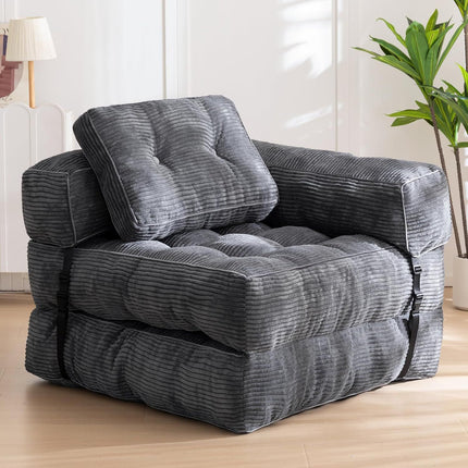 Foldable Corduroy Sofa Bed with Tufted Buttons and Side Buckle Straps, Convertible Lounger for Reading, Gaming, Napping and Relaxing in Living Rooms (Green)