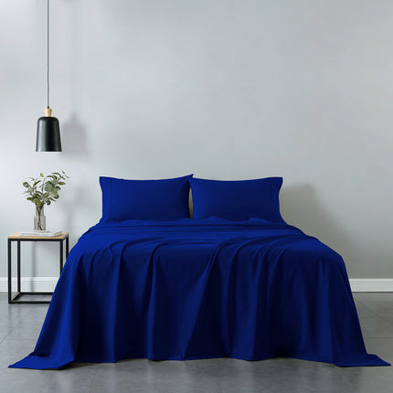 Royal Comfort Vintage Washed 100% Cotton Sheet Set Fitted Flat Sheet Pillowcases - Single - Royal Blue.