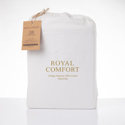Royal Comfort Vintage Washed 100% Cotton Sheet Set Fitted Flat Sheet Pillowcases - Queen - White.