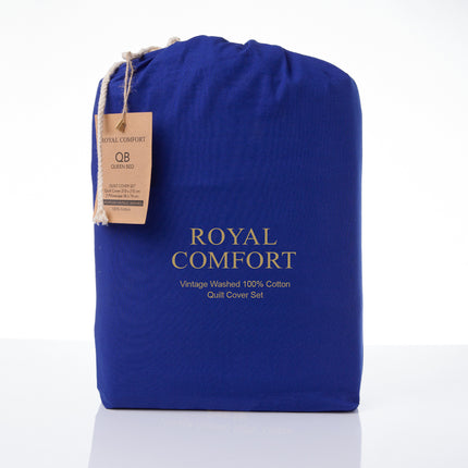 Royal Comfort Vintage Washed 100% Cotton Quilt Cover Set Bedding Ultra Soft - Double - Royal Blue.