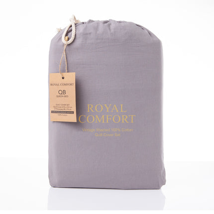 Royal Comfort Vintage Washed 100% Cotton Quilt Cover Set Bedding Ultra Soft - King - Grey.