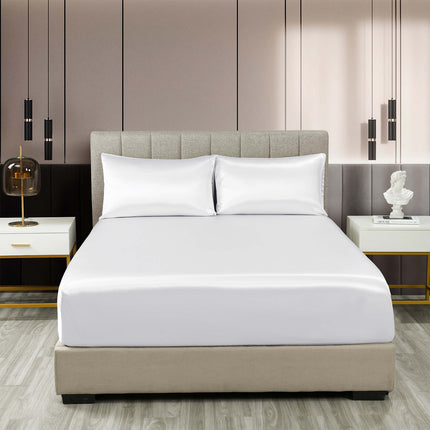 Royal Comfort Satin Sheet Set 3 Piece Fitted Sheet Pillowcase Soft  - Queen - White.