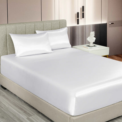 Royal Comfort Satin Sheet Set 3 Piece Fitted Sheet Pillowcase Soft  - Queen - White.