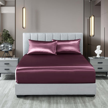 Royal Comfort Satin Sheet Set 3 Piece Fitted Sheet Pillowcase Soft  - King - Malaga Wine.