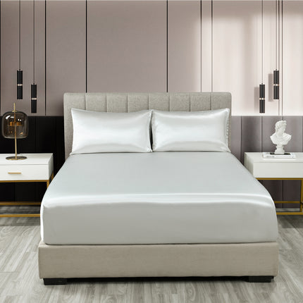 Royal Comfort Satin Sheet Set 3 Piece Fitted Sheet Pillowcase Soft  - King - Silver.