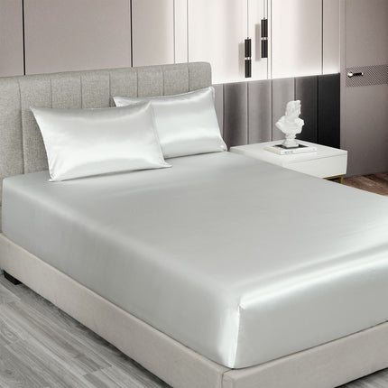 Royal Comfort Satin Sheet Set 3 Piece Fitted Sheet Pillowcase Soft  - King - Silver.