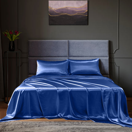 Royal Comfort Satin Sheet Set 4 Piece Fitted Flat Sheet Pillowcases  - King - Navy Blue.
