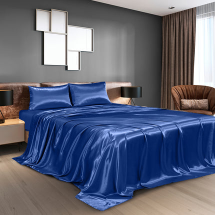 Royal Comfort Satin Sheet Set 4 Piece Fitted Flat Sheet Pillowcases  - King - Navy Blue.