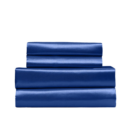 Royal Comfort Satin Sheet Set 4 Piece Fitted Flat Sheet Pillowcases  - King - Navy Blue.