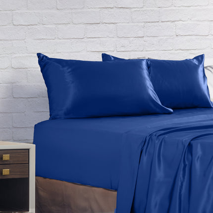 Royal Comfort Satin Sheet Set 4 Piece Fitted Flat Sheet Pillowcases  - King - Navy Blue.