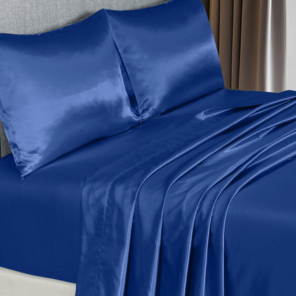 Royal Comfort Satin Sheet Set 4 Piece Fitted Flat Sheet Pillowcases  - King - Navy Blue.