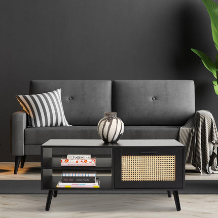 Casa Decor Tulum Rattan Coffee Table Storage Drawer Furniture Wooden Black.