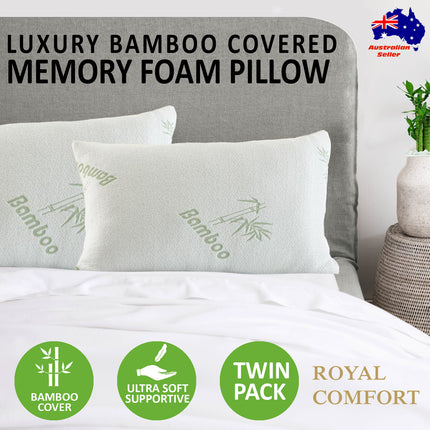 Royal Comfort Luxury Bamboo Covered Memory Foam Pillow Twin Pack Hypoallergenic.