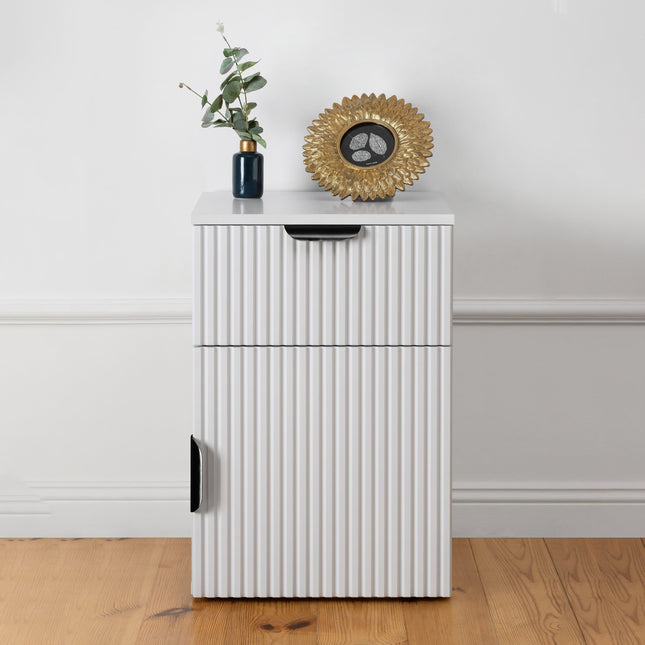 PORTO BEDSIDE TABLE - WHITE - FLUTED - PULL BLACK.