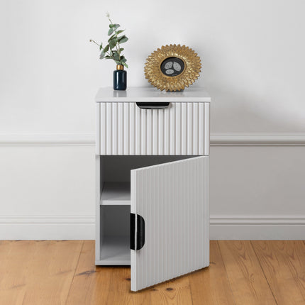 PORTO BEDSIDE TABLE - WHITE - FLUTED - PULL BLACK.
