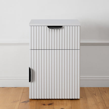 PORTO BEDSIDE TABLE - WHITE - FLUTED - PULL BLACK.