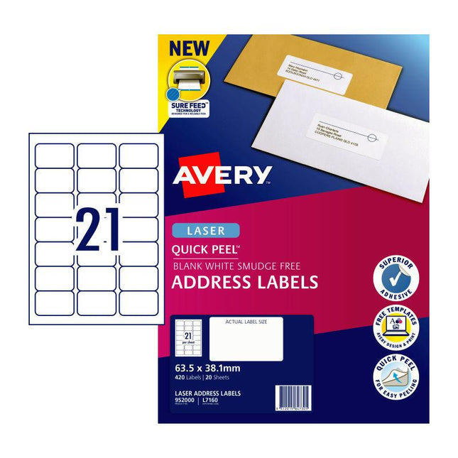 AVERY Laser Label QP L7160 21Up Pack of 20.