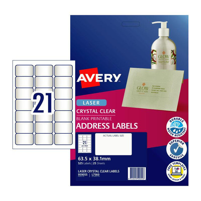 AVERY Label Clear L7560 21Up Pack of 25.