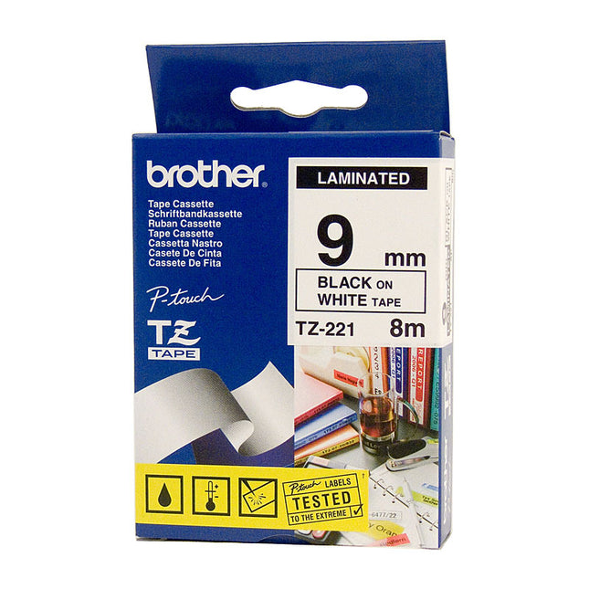 BROTHER TZe221 Labelling Tape 9mm Black on White TZE Tape.