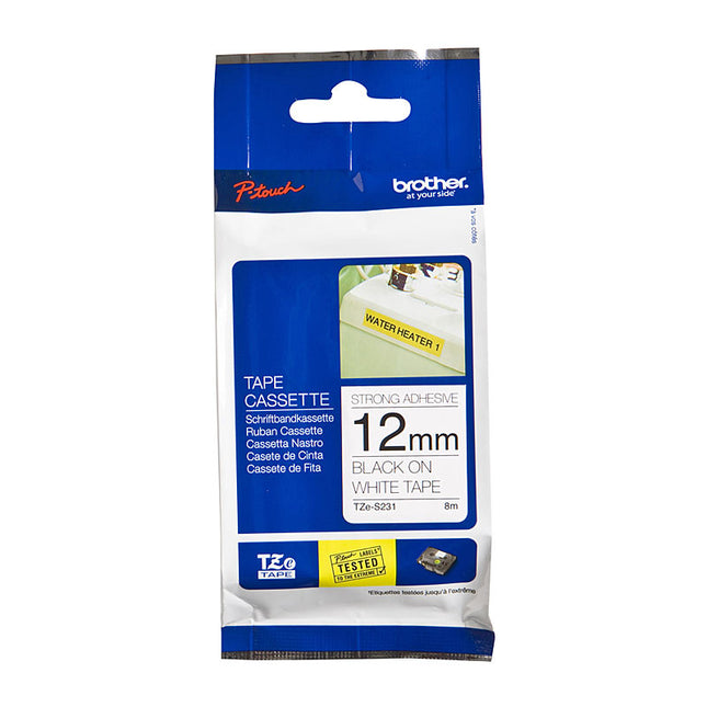 BROTHER TZeS231 Labelling Tape 12mm Black on White Strong Adhesive TZE Tape.