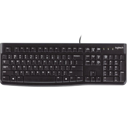 LOGITECH K120 Keyboard Quiet typing Spill-resistant Durable keys Thin profile Curved space bar Adjustable tilt legs.