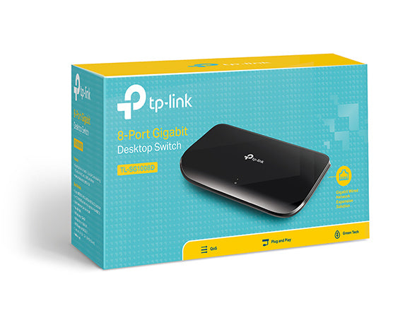 TP-Link TL-SG1008D 8-Port Gigabit Unmanaged Switch Desktop Wall-Mounting Plastic Case Fanless Supports MAC address 802.1p/DSCP QoS.