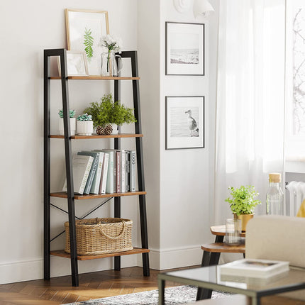 Rustic brown and black steel Metal Frame 4 Tier bookshelf.
