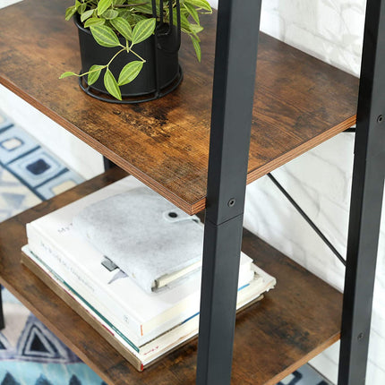 Rustic brown and black steel Metal Frame 4 Tier bookshelf.