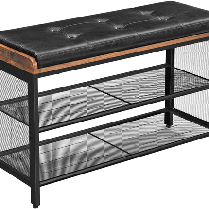 Shoe Bench with Mesh Shelf and Faux Leather Vintage Brown Black 80 x 30 x 48 cm.