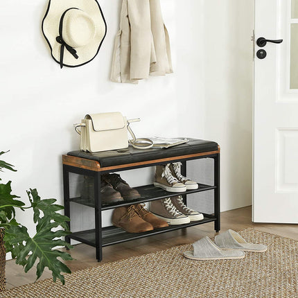 Shoe Bench with Mesh Shelf and Faux Leather Vintage Brown Black 80 x 30 x 48 cm.