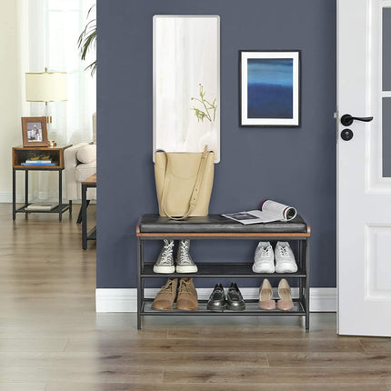 Shoe Bench with Mesh Shelf and Faux Leather Vintage Brown Black 80 x 30 x 48 cm.